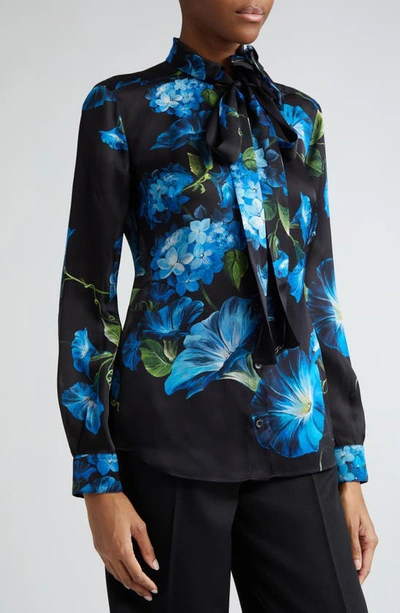 Dolce & Gabbana Satin Bluebell Print Blouse With Tie Neck In Nero