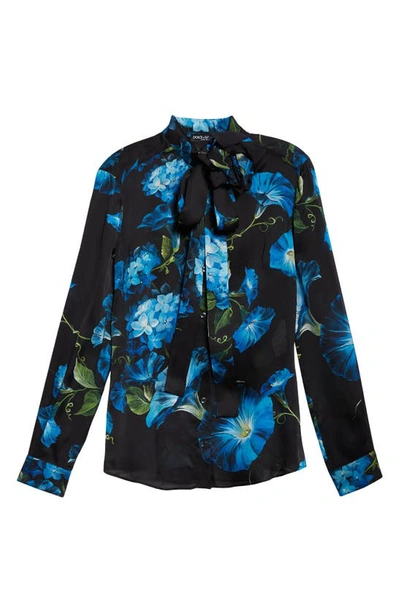 Shop Dolce & Gabbana Dolce&gabbana Bluebell Floral Print Tie Neck Silk Satin Shirt With Detachable Appliqué In Nero