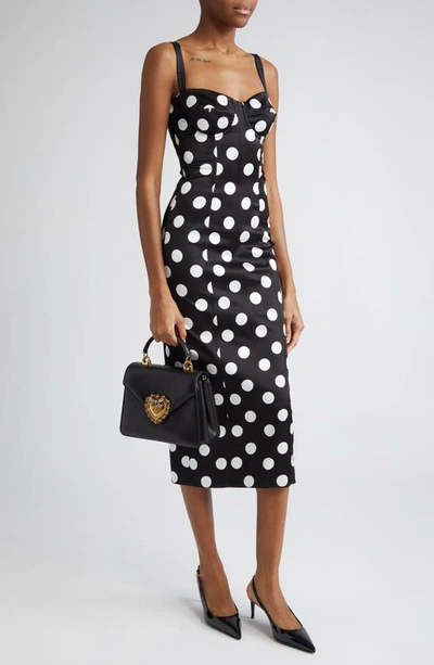 Shop Dolce & Gabbana Dolce&gabbana Polka Dot Ruched Satin Sheath Dress In Hnl2wpois Bco Fdo.nero