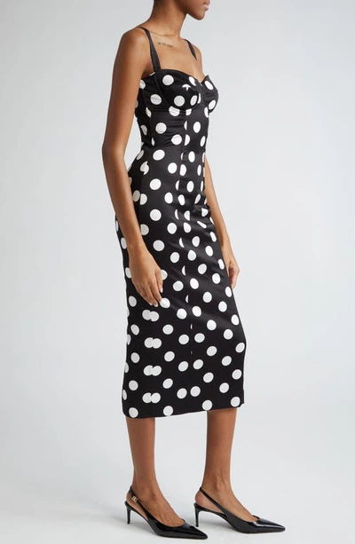 Shop Dolce & Gabbana Polka Dot Ruched Satin Sheath Dress In Hnl2wpois Bco Fdo.nero