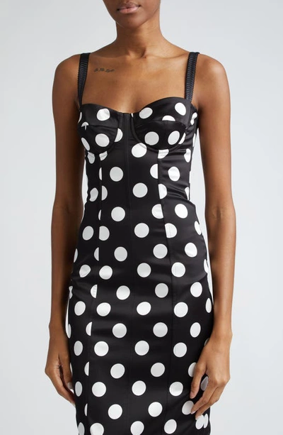 Shop Dolce & Gabbana Polka Dot Ruched Satin Sheath Dress In Hnl2wpois Bco Fdo.nero