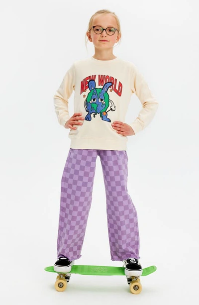 Shop The New Kids' Jania Checker Stretch Organic Cotton Wide Leg Jeans In Light Purple
