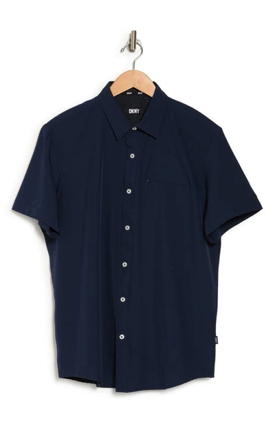 Shop Dkny Sportswear Lenox Short Sleeve Button-up Tech Shirt In Navy
