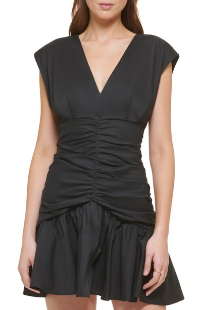 Shop Dkny Ruched Ruffle Stretch Cotton Minidress In Black