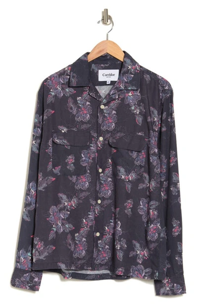 Shop Corridor Novella Floral Print Long Sleeve Button-up Shirt In Navy