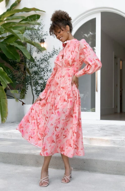 Petal And Pup Forever Print Long Sleeve Tiered Midi Dress In Pink