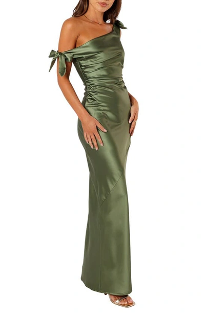 Petal And Pup Petal & Pup Selma One-shoulder Satin Gown In Olive