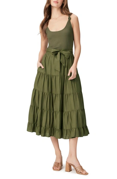 Shop Paige Samosa Tie Waist Sleeveless Tiered Maxi Dress In Dark Brushed Olive
