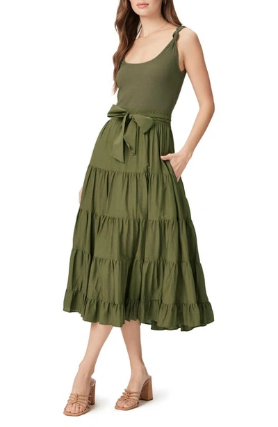 Shop Paige Samosa Tie Waist Sleeveless Tiered Maxi Dress In Dark Brushed Olive