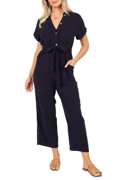 Shop Petal And Pup Petal & Pup Archie Tie Waist Linen Jumpsuit In Navy