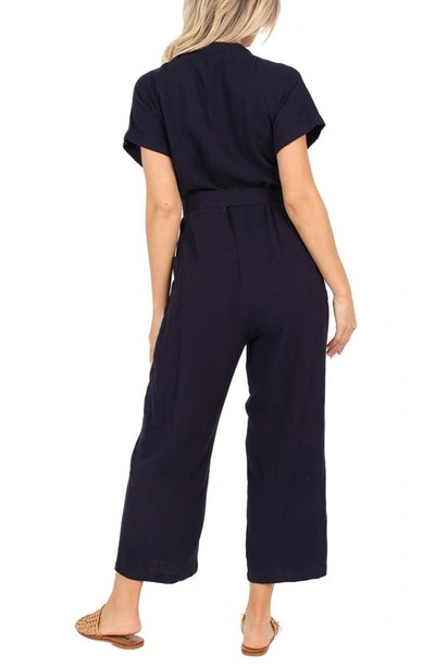 Petal And Pup Archie Tie Waist Linen Jumpsuit In Navy