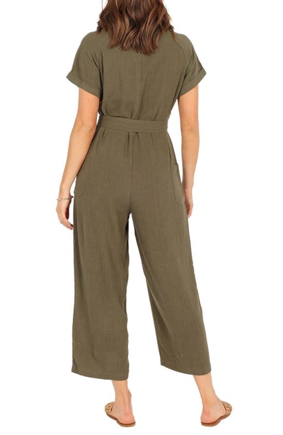 Petal And Pup Archie Tie Waist Linen Jumpsuit In Olive