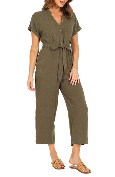 Petal And Pup Archie Tie Waist Linen Jumpsuit In Olive