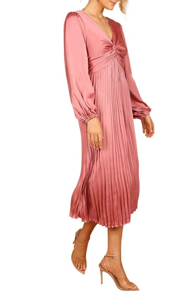 Petal And Pup Noelle Long Sleeve Pleated Satin Midi Dress In Blush