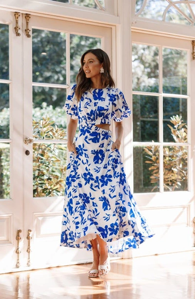 Shop Petal And Pup Petal & Pup Aminah Puff Sleeve Maxi Dress In Blue Floral