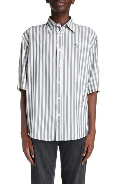 Shop Acne Studios Embroidered Logo Stripe Button-up Shirt In Black/ White