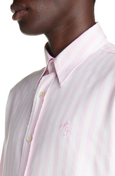 Shop Acne Studios Embroidered Logo Stripe Button-up Shirt In Pink/ White