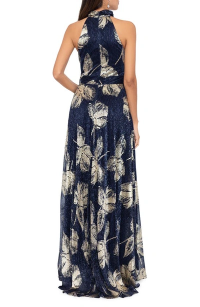 Shop Betsy & Adam Foil Print Sleeveless Gown In Navy/ Gold