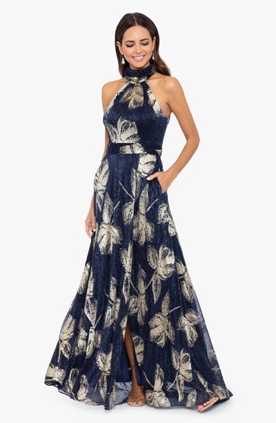 Shop Betsy & Adam Foil Print Sleeveless Gown In Navy/ Gold
