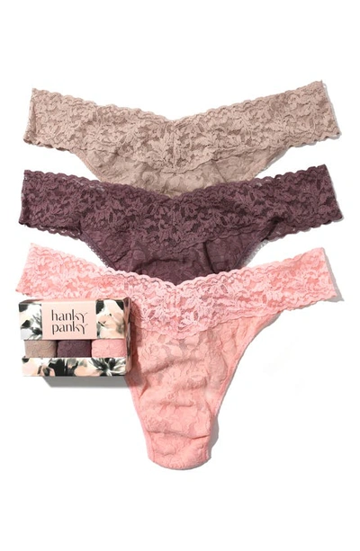 Shop Hanky Panky Assorted 3-pack Lace Original Rise Thongs In Taupe/ Dusk/ Rosewater Pink