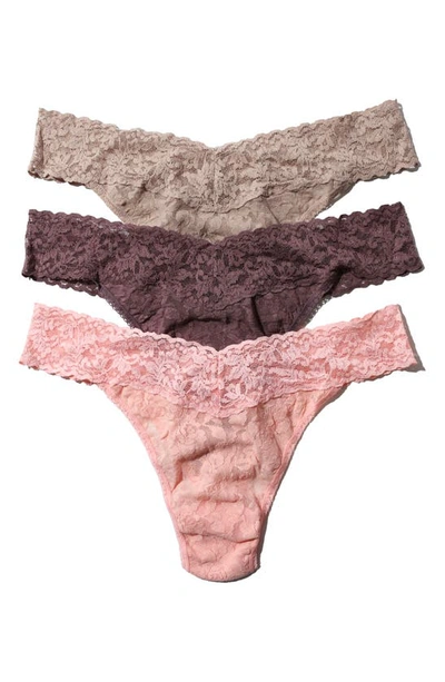 Shop Hanky Panky Assorted 3-pack Lace Original Rise Thongs In Taupe/ Dusk/ Rosewater Pink