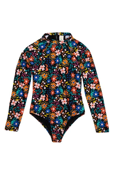 Shop Hobie Kids' Wildflower Long Sleeve One-piece Rashguard Swimsuit In Black