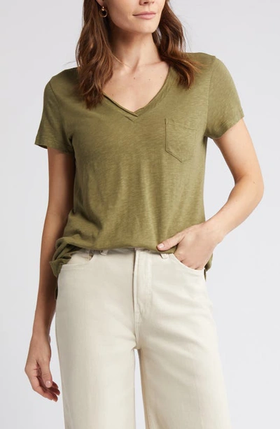 Shop Caslon (r) V-neck Short Sleeve Pocket T-shirt In Olive Burnt