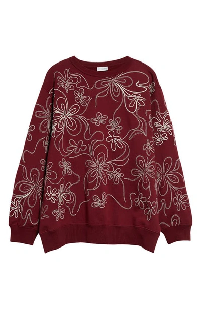 Shop Dries Van Noten Floral Embroidered Oversize Cotton Crewneck Sweatshirt In Burgundy 358