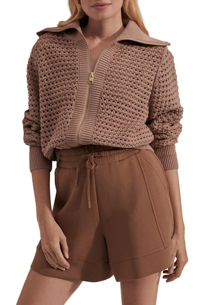 Shop Varley Eloise Open Stitch Cotton Zip-up Cardigan In Warm Taupe