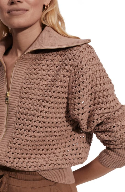 Shop Varley Eloise Open Stitch Cotton Zip-up Cardigan In Warm Taupe