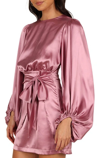 Petal And Pup Opal Tie Waist Long Sleeve Satin Minidress In Dusty Rose
