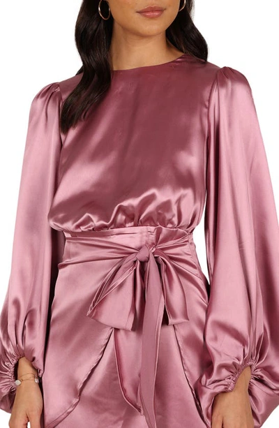 Petal And Pup Opal Tie Waist Long Sleeve Satin Minidress In Dusty Rose