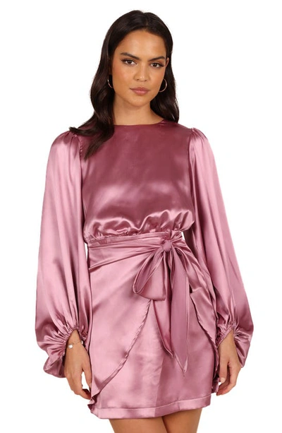 Petal And Pup Opal Tie Waist Long Sleeve Satin Minidress In Dusty Rose