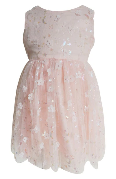Shop Popatu Kids' Foil Print Floral Appliqué Party Dress In Peach