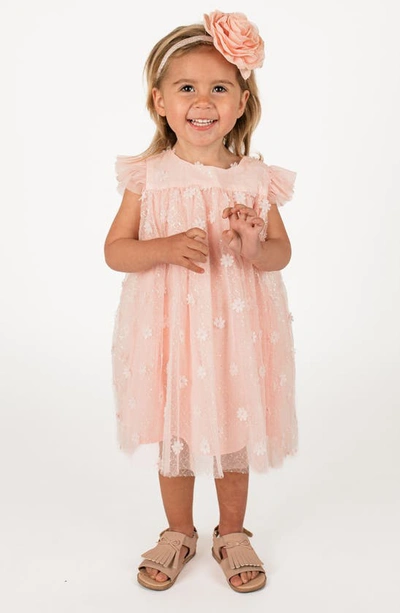 Shop Popatu Kids' 3d Floral Appliqué Tulle Dress In Dusty Pink