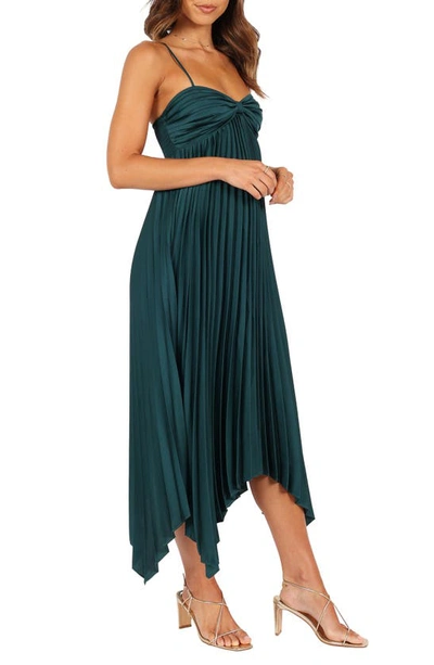 Petal And Pup Vikki Pleated Sleeveless Satin Maxi Dress In Emerald