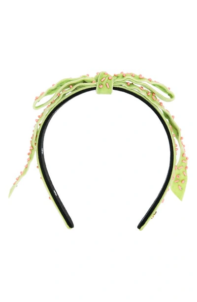 Shop Lele Sadoughi Beaded Velvet Ribbon Headband In Parakeet