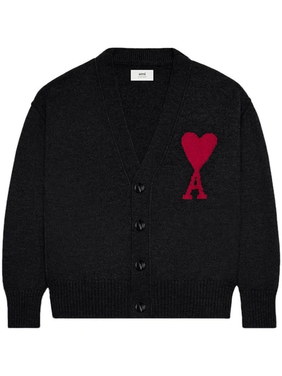 Shop Ami Alexandre Mattiussi Ami Paris Intarsia-logo Wool Cardigan In Noir/rouge