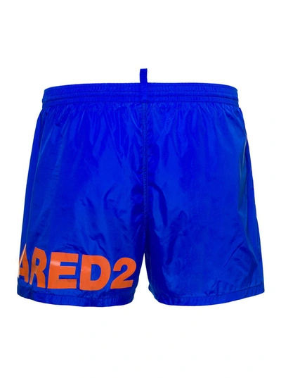 Shop Dsquared2 Blue Swim Trunks With Logo Print In Polyammide Man