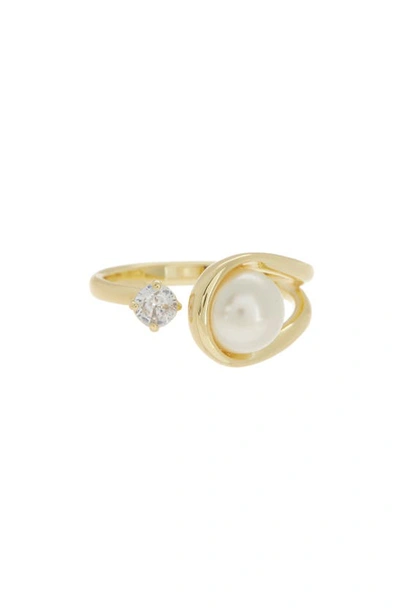 Shop Covet Open Loop Imitation Pearl & Cz Ring In Gold/ White