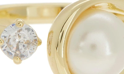 Shop Covet Open Loop Imitation Pearl & Cz Ring In Gold/ White