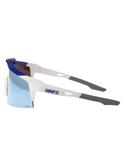 Shop 100% Sunglasses In Matte White/metallic Blue - Hiper Blue Multilayer Mirror Lens