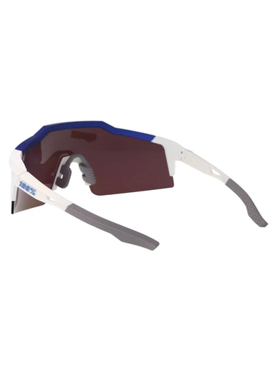 Shop 100% Sunglasses In Matte White/metallic Blue - Hiper Blue Multilayer Mirror Lens