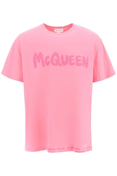 Shop Alexander Mcqueen Mcqueen Graffiti Oversized T-shirt In Pink