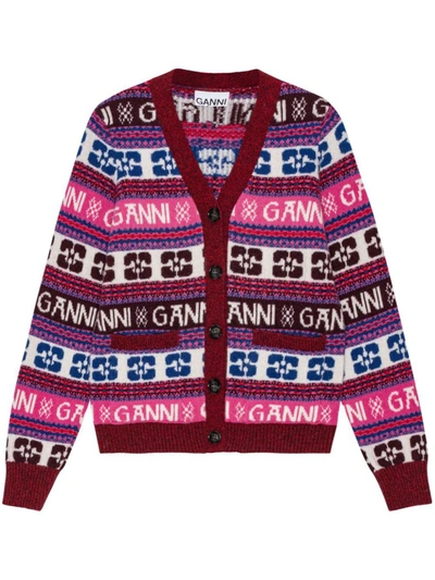 Shop Ganni Logo Wool Cardigan In Multicolour