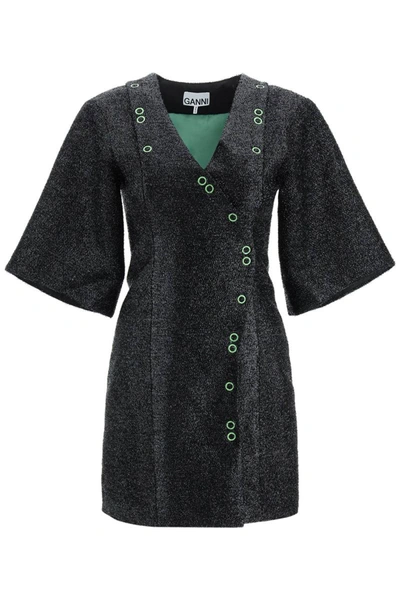Shop Ganni Lurex Mini Dress With Press Studs In Black
