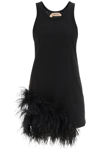 Shop N°21 N.21 Jersey Mini Dress With Feathers In Black