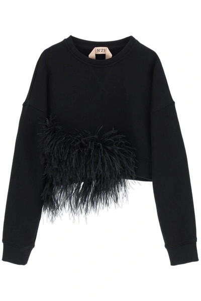 Shop N°21 N.21 Cropped Sweatshirt With Feathers In Black