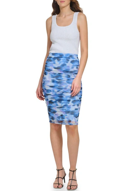 Shop Dkny Print Side Ruched Mesh Skirt In Frosting Blue/ White Multi