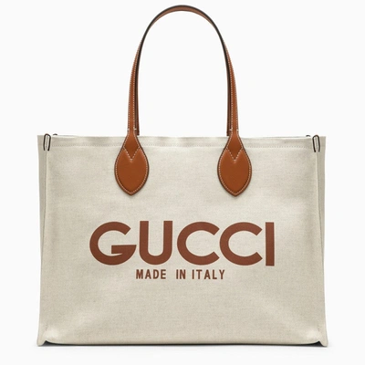 Shop Gucci Big Beige Canvas Tote Bag With Logo Women In Cream